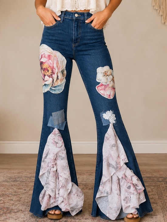 Handmade Denim - Lily Jean threads Women’s Dark Blue Floral Patch Flare Upcycle Jean